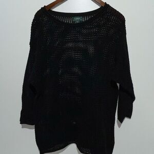 Lauren Ralph Lauren Women's Black Cotton Crochet Hand Knit Open Weave Sweater XL
